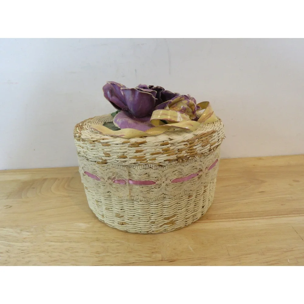 Vintage Floral Woven Nesting Baskets Set of 4 Decorative Lace Trim Storage Boxes